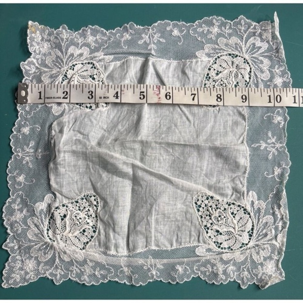 VTG Victorian Cotton Handkerchief Ivory Hand Crafted Lace Edges‎ Croche - Picture 3 of 4